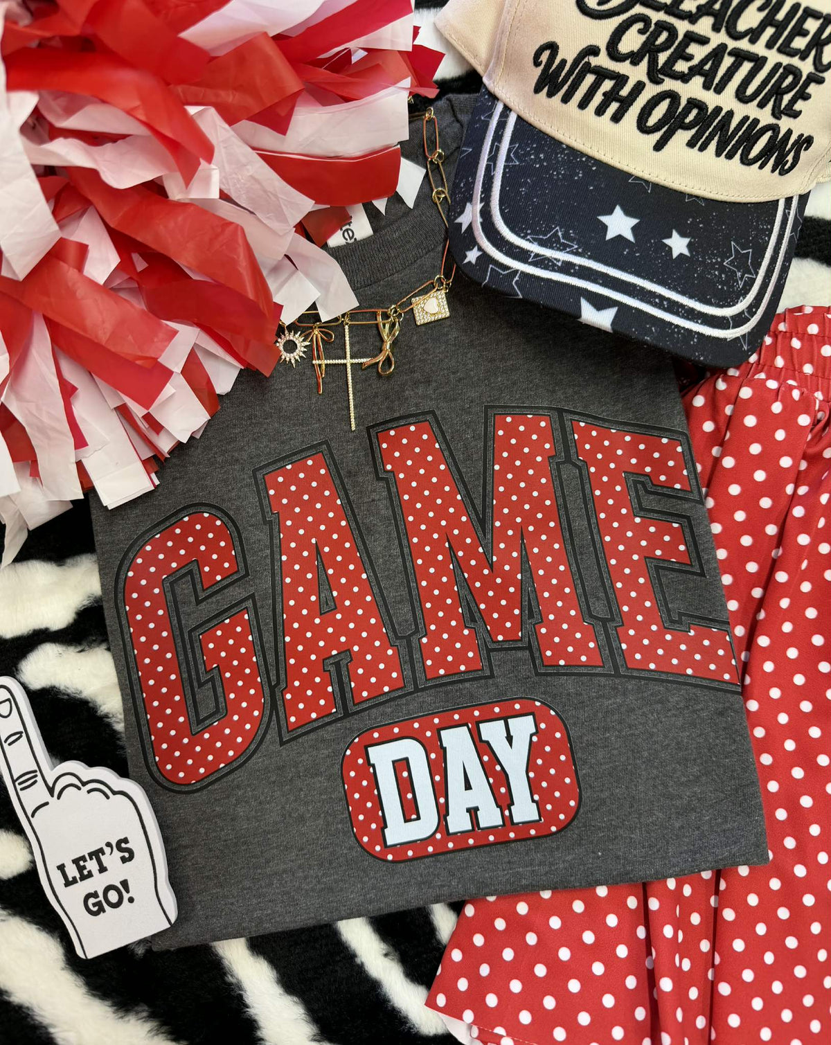 Charcoal athletic Game Day Red Polka Dots T-shirt from P&PD Wholesale featuring bold red polka dot pattern.