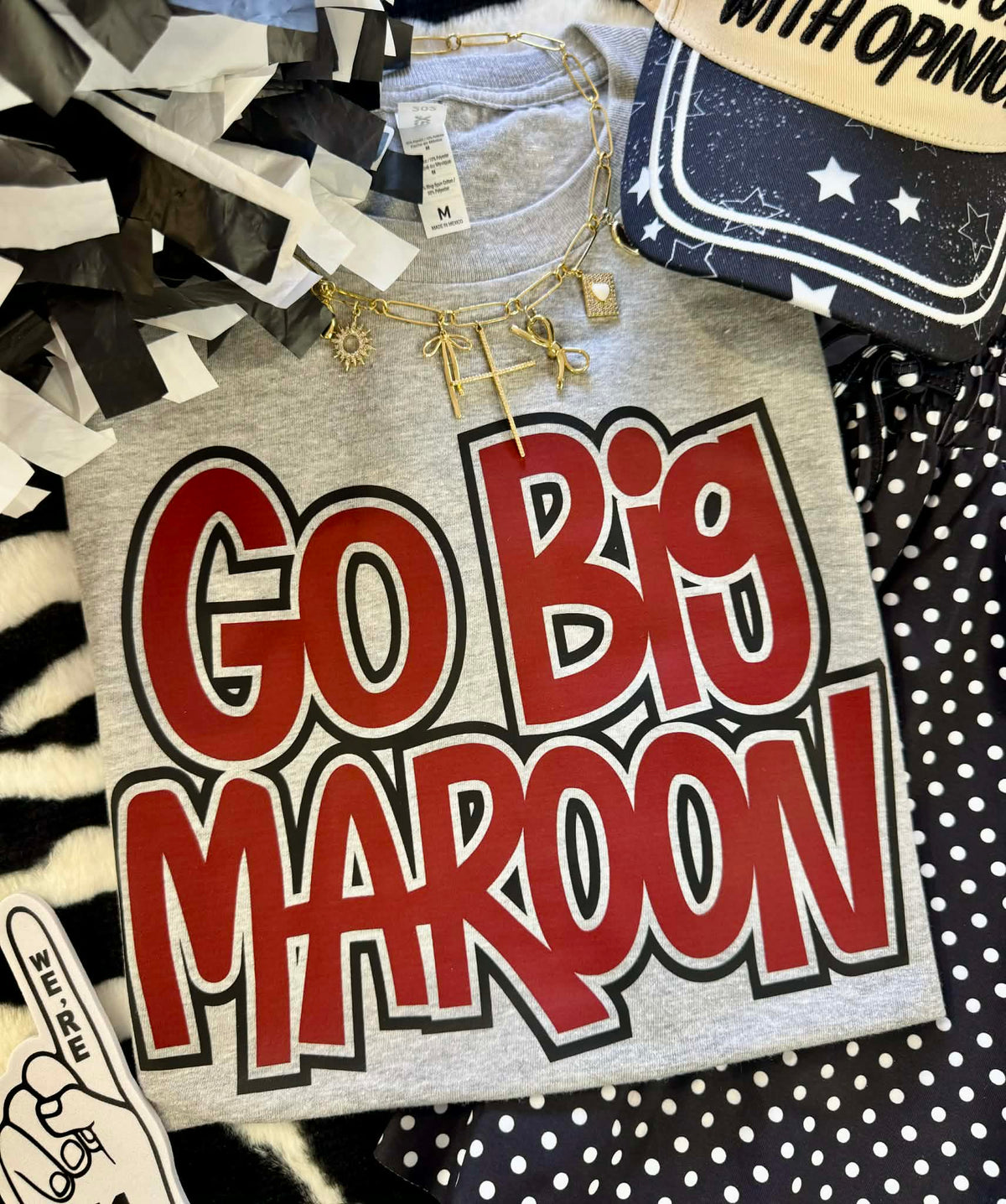 Maroon GO BIG T-shirt by P&PD Wholesale, athletic fit, heather fabric, shown on a model.