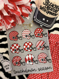 Red athletic T-shirt featuring touchdown season and helmet graphic from P&PD Wholesale, casual sportswear for fans.