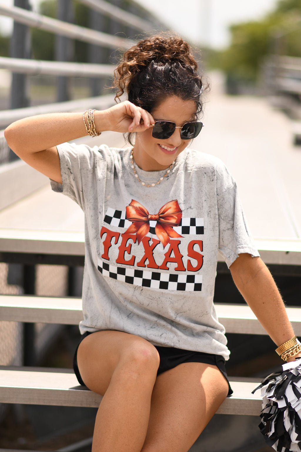 Gray Texas Checkered Bow Tee by P&PD Wholesale, featuring a stylish bow detail and casual fit for kids.