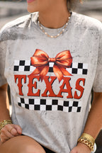 Grey Texas checkered bow tee by P&PD Wholesale, featuring a casual short-sleeve design with a bow detail at the neckline.