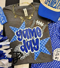 Blue checkerboard stars Game Day T-shirt by P&PD Wholesale, lightweight heather charcoal tee with star patterns.