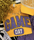 Purple and gold polka dot Game Day T-shirt by P&PD Wholesale, featuring a casual crew neck and vibrant polka dot pattern.