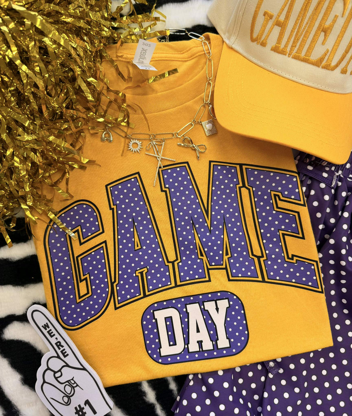 Purple and gold polka dot Game Day T-shirt by P&PD Wholesale, featuring a casual crew neck and vibrant polka dot pattern.