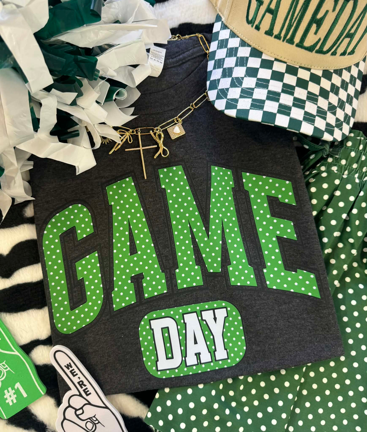 Heather graphite Game Day green polka dots tee by P&PD Wholesale, casual short-sleeve shirt with playful dot pattern