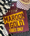 Heather maroon and gold Vibes Only T-shirt by P&PD Wholesale, featuring bold gold lettering on a maroon tee.