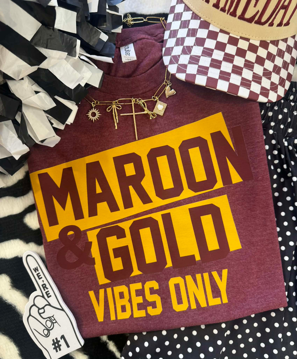Heather maroon and gold Vibes Only T-shirt by P&PD Wholesale, featuring bold gold lettering on a maroon tee.