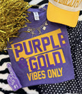 Purple and gold "Vibes Only" T-shirt by P&PD Wholesale, Heather purple fabric with bold gold lettering design.