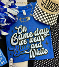 Heather royal blue "On Gameday We Wear Blue and White" tee by P&PD Wholesale, casual t-shirt with team spirit design.