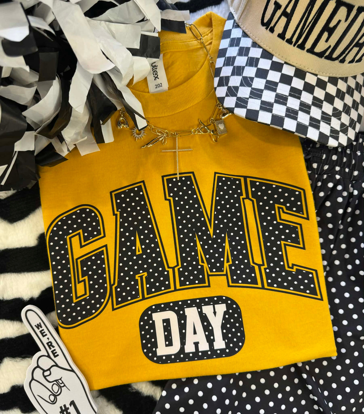 Heather yellow Game Day black polka dots T-shirt by P&PD Wholesale, casual tee with playful polka dot pattern and comfortable fit.