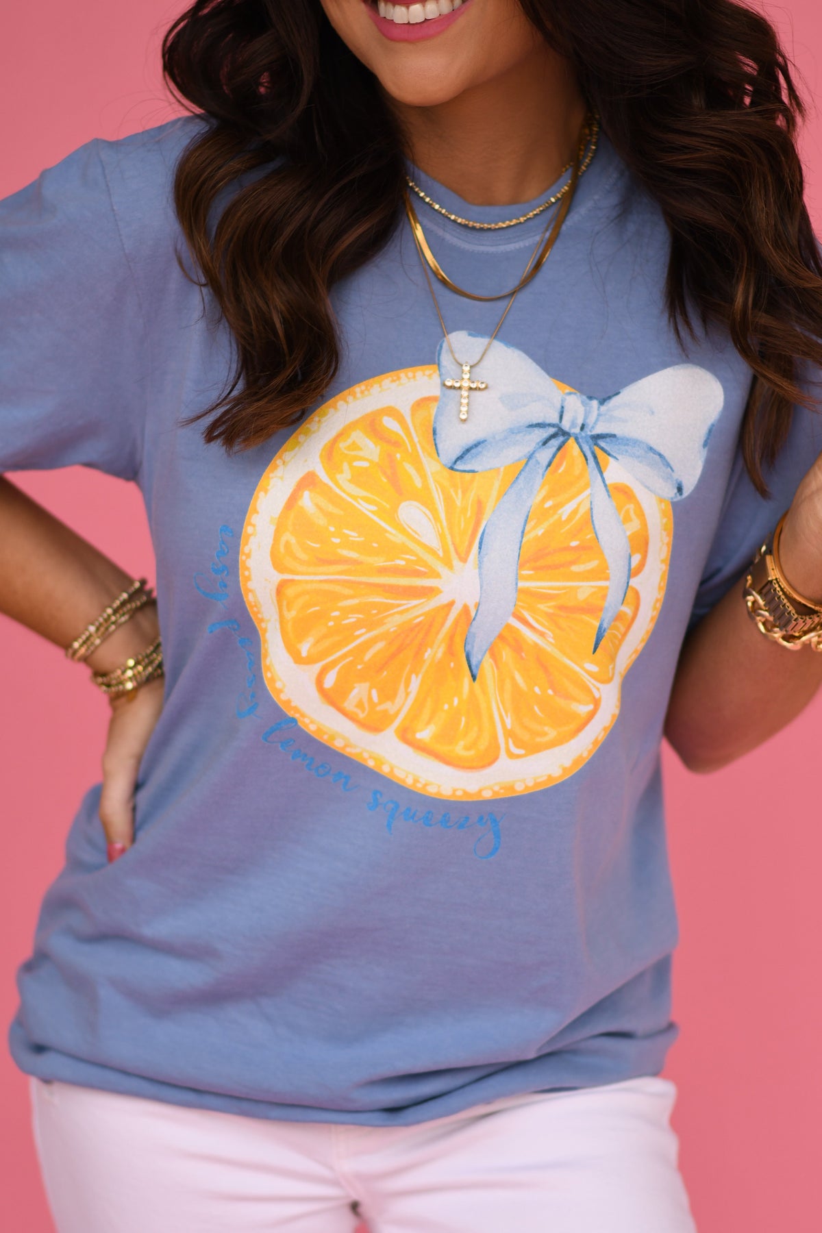 Yellow Lemon Bow Tee by P&PD Wholesale, close-up of the soft fabric with a playful lemon bow design.