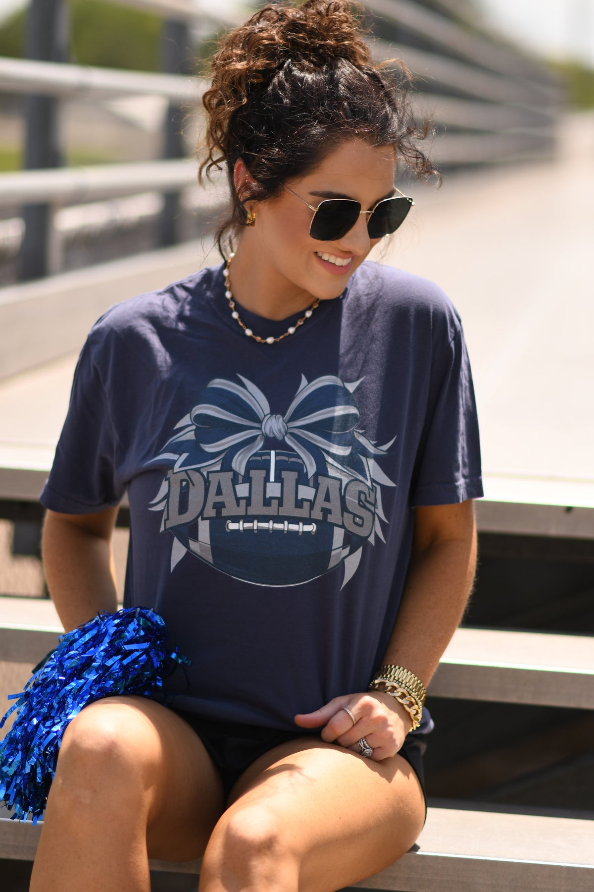Navy Dallas Football Bow Tee by P&PD Wholesale, featuring a playful bow detail and football-themed design for casual wear.