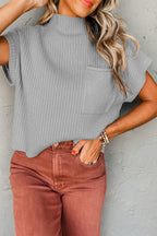 Shewin oatmeal patch pocket ribbed knit short sleeve sweater, cozy knit fabric, casual style, in oatmeal color.