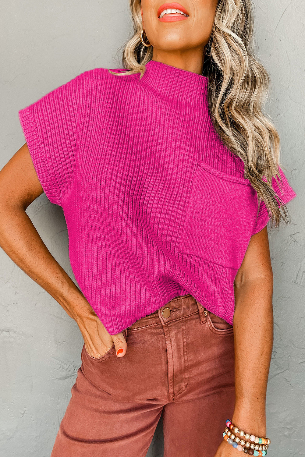 Shewin oatmeal ribbed knit short sleeve sweater with patch pocket, casual and cozy design, perfect for everyday wear.