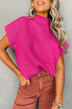 Shewin oatmeal ribbed knit short sleeve sweater with patch pocket, casual and cozy design, perfect for everyday wear.