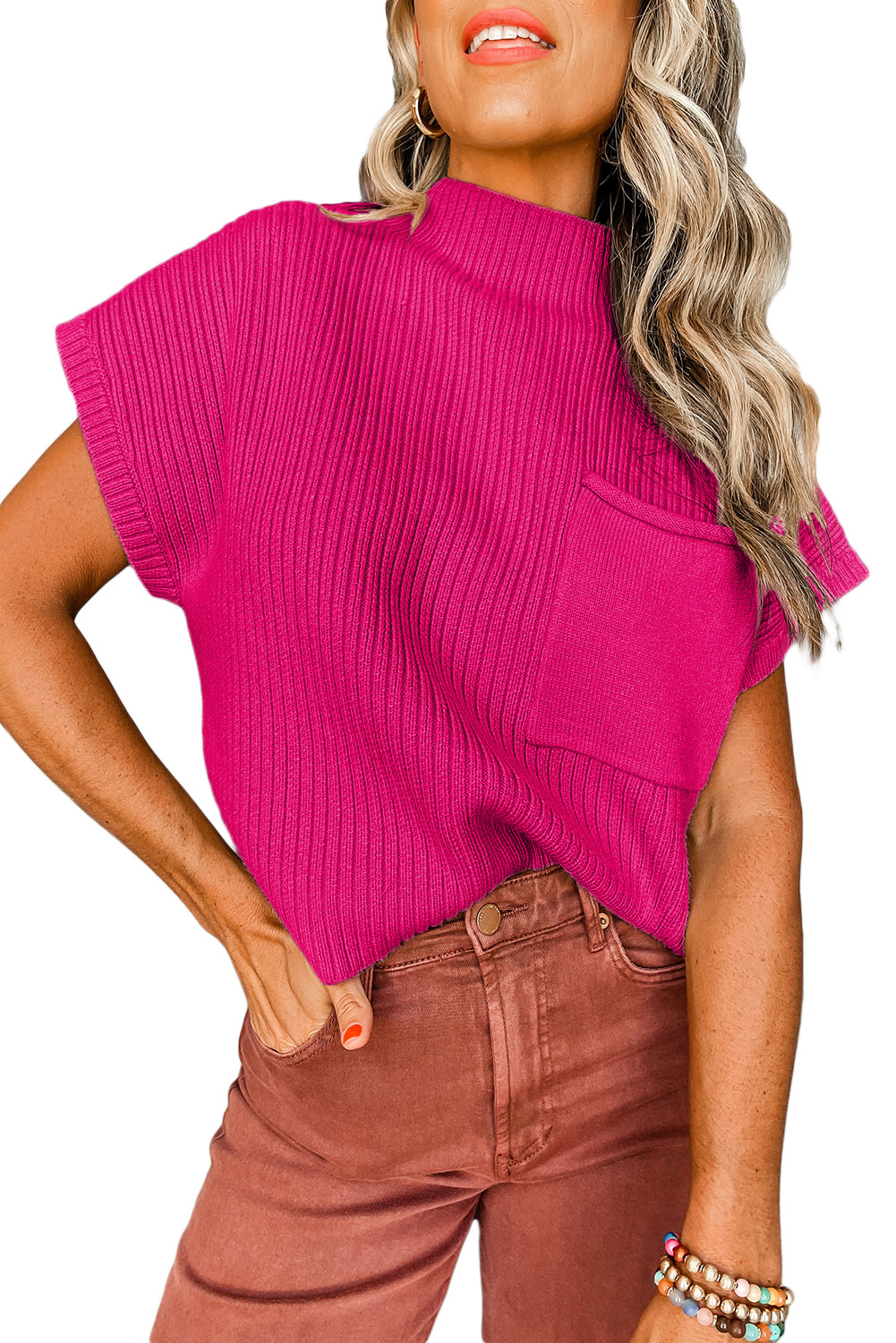 Shewin oatmeal ribbed knit short sleeve sweater with patch pocket, casual and comfortable, in a soft oatmeal color.