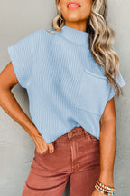 Shewin oatmeal ribbed knit short sleeve sweater with patch pocket, casual and comfortable knitwear for everyday wear.