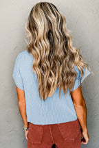 Shewin oatmeal ribbed knit short sleeve sweater with patch pocket, casual and cozy design, perfect for everyday wear.
