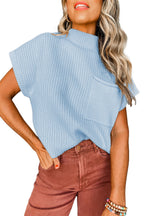 Shewin oatmeal ribbed knit short sleeve sweater with patch pocket, casual and comfortable for everyday wear.