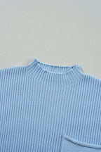 Shewin oatmeal ribbed knit short sleeve sweater with patch pocket, casual and comfortable knitwear for everyday wear.