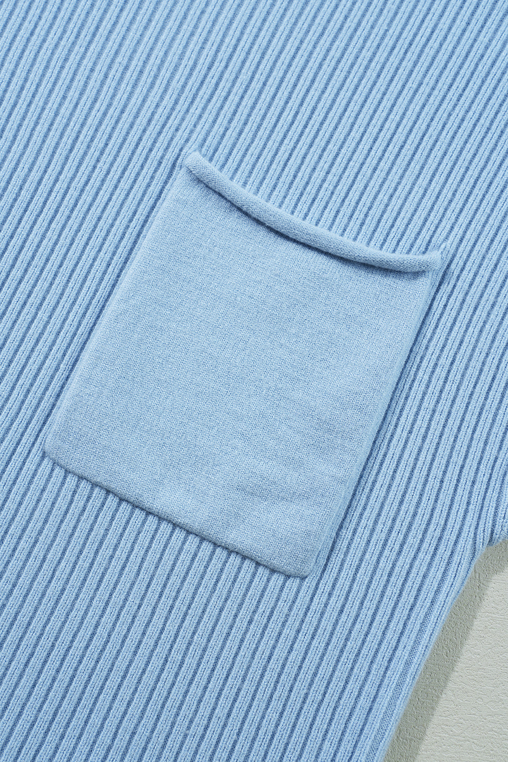 Shewin oatmeal patch pocket ribbed knit short sleeve sweater, casual knit top with a front patch pocket and ribbed texture.