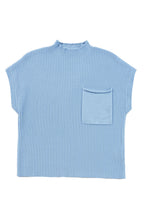 Shewin oatmeal ribbed knit short sleeve sweater with patch pocket, casual and comfortable knitwear for everyday wear.