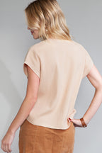 Shewin oatmeal patch pocket ribbed knit short sleeve sweater, cozy casual top with ribbed texture and front patch pocket.