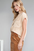 Shewin oatmeal ribbed knit short sleeve sweater with patch pocket, showcasing a cozy, casual design in soft oatmeal color.