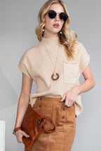 Shewin oatmeal patch pocket ribbed knit short sleeve sweater, front view showing cozy knit fabric and casual style.