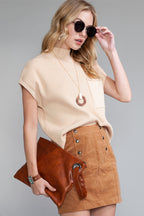 Shewin oatmeal ribbed knit short sleeve sweater with patch pocket, casual style, lightweight and comfortable for everyday wear