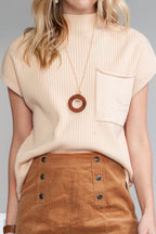 Shewin oatmeal ribbed knit short sleeve sweater with patch pocket, casual and cozy knitwear for everyday wear.