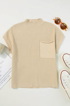 Shewin oatmeal ribbed knit short sleeve sweater with patch pocket, casual and comfortable design, in oatmeal color.