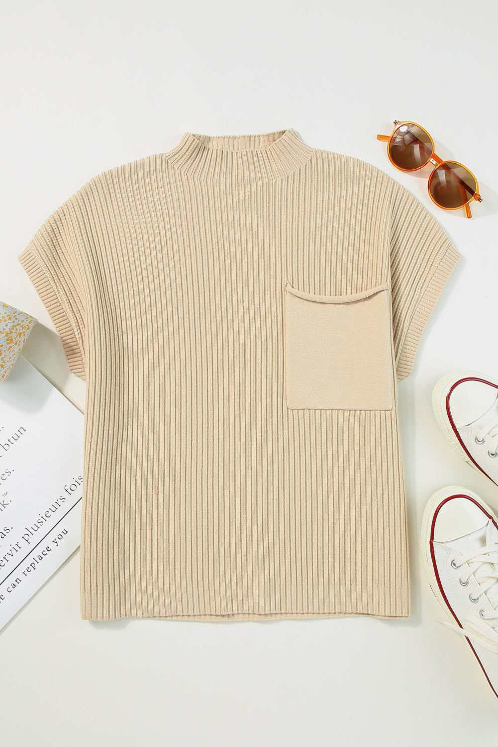 Shewin oatmeal ribbed knit short sleeve sweater with patch pocket, casual and comfortable design, in oatmeal color.