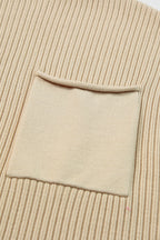 Shewin oatmeal patch pocket ribbed knit short sleeve sweater, close-up of beige knitted fabric with patch pocket detail.