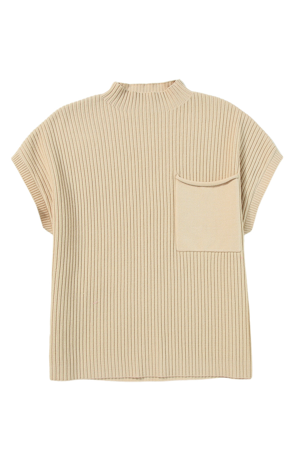Shewin oatmeal ribbed knit short sleeve sweater with patch pocket, casual and comfortable knitwear for everyday wear.