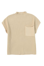 Shewin oatmeal ribbed knit short sleeve sweater with patch pocket, casual and comfortable knitwear for everyday wear.