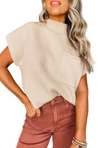 Shewin oatmeal patch pocket ribbed knit short sleeve sweater, lightweight and cozy, featuring a classic crew neck and textured knit design.
