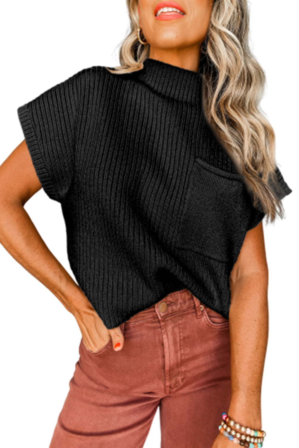 Shewin oatmeal patch pocket ribbed knit short sleeve sweater, lightweight and cozy with a relaxed fit and ribbed texture.