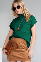 Shewin oatmeal patch pocket ribbed knit short sleeve sweater, light oatmeal color, casual style with short sleeves and ribbed texture.