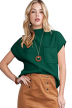 Shewin oatmeal patch pocket ribbed knit short sleeve sweater, beige color, featuring a patch pocket and ribbed texture.