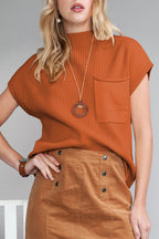 Shewin oatmeal ribbed knit short sleeve sweater with patch pocket, casual and comfortable knit top for women.