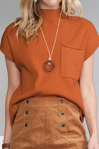 Shewin oatmeal ribbed knit short sleeve sweater with patch pocket, casual and comfortable for everyday wear.