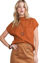 Shewin oatmeal patch pocket ribbed knit short sleeve sweater showcasing a cozy, casual design with a patch pocket detail.
