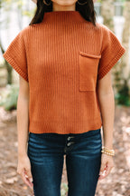 Oatmeal patch pocket ribbed knit short sleeve sweater by Shewin, featuring a cozy textured fabric and classic crew neckline.