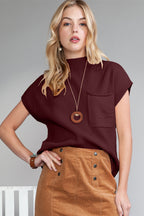 Shewin oatmeal patch pocket ribbed knit short sleeve sweater, soft knit fabric, casual style, featuring a patch pocket on the front.