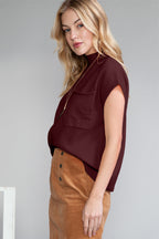 Shewin oatmeal patch pocket ribbed knit short sleeve sweater, lightweight and casual for everyday wear.