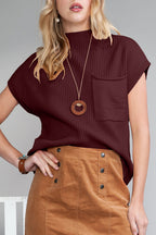 Shewin oatmeal patch pocket ribbed knit short sleeve sweater, cozy oatmeal-colored short sleeve sweater with front pocket detail.