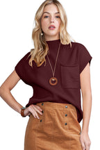 Shewin oatmeal patch pocket ribbed knit short sleeve sweater, close-up of beige knit fabric with patch pocket detail