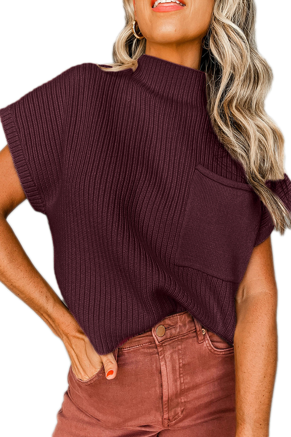 Shewin oatmeal ribbed knit short sleeve sweater with patch pocket, featuring a cozy, ribbed design and casual style.