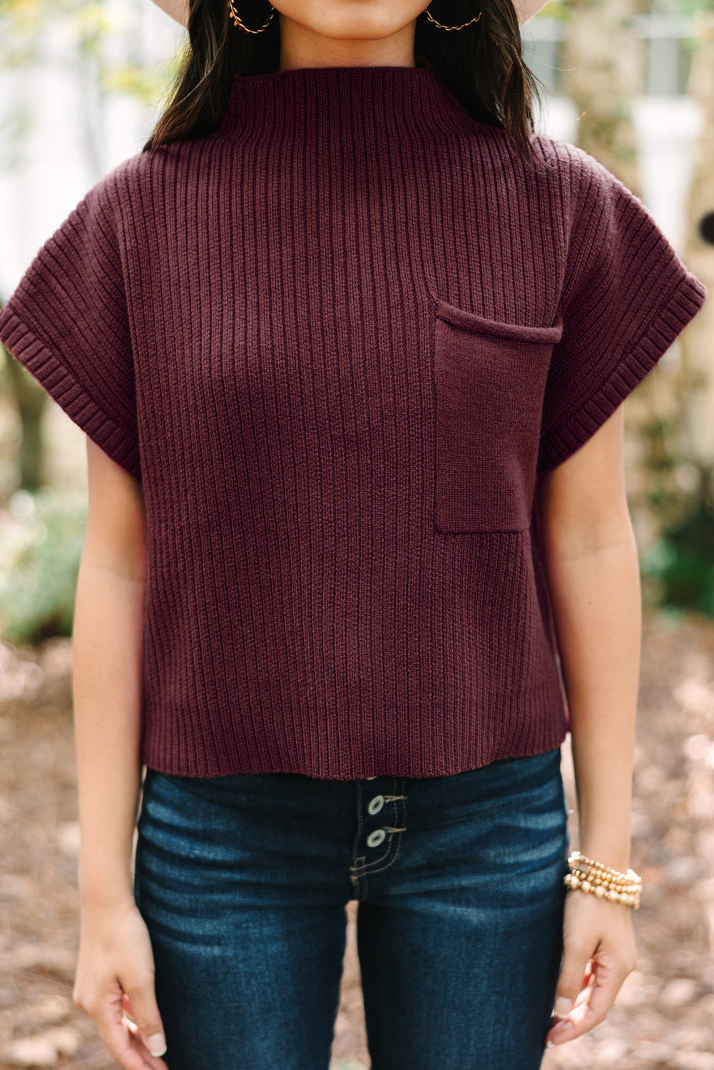 Shewin oatmeal ribbed knit short sleeve sweater with patch pocket, casual style, soft fabric, and classic crew neckline.